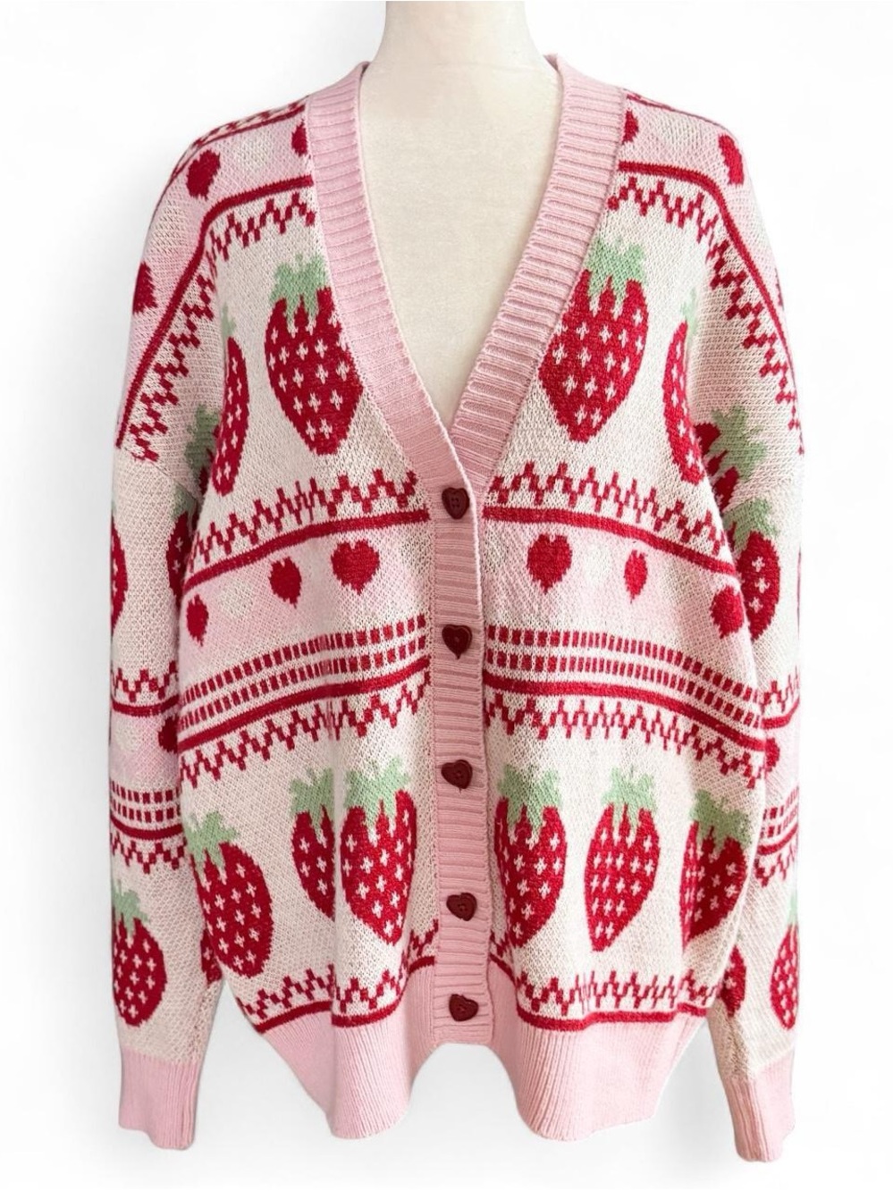 Sweet Society Strawberry Button Cardigan Sweater Pink Red Size Medium
